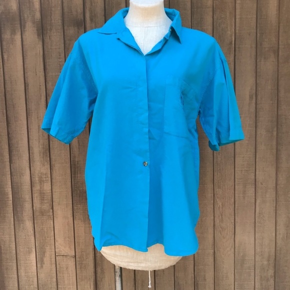 Vintage 80s Teal Blue Short Sleeve Oversized Shirt Small Boxy Top - Picture 2 of 8